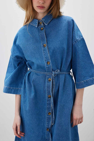 Button Front Denim Dress Blue