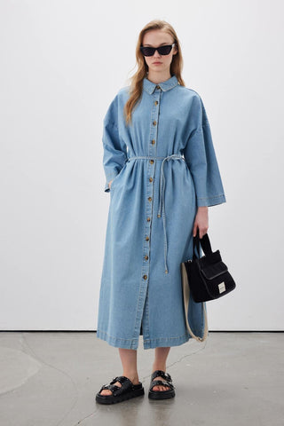 Button Front Denim Dress Light Blue