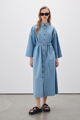 Button Front Denim Dress Light Blue