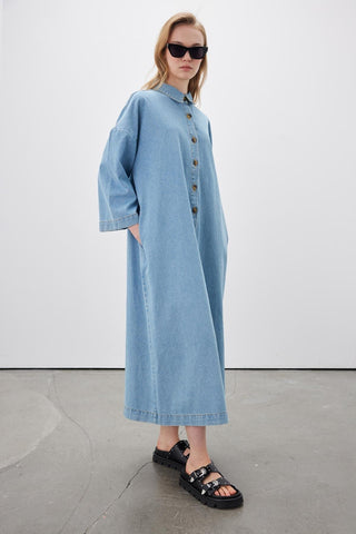 Button Front Denim Dress Light Blue