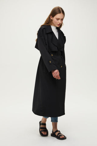 Double-Breasted Trench Coat With Buttons Black