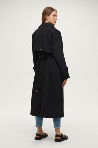 Double-Breasted Trench Coat With Buttons Black