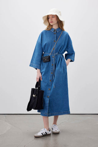 Button Front Denim Dress Blue