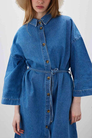 Button Front Denim Dress Blue