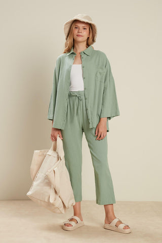 Crinkle Cotton Trousers Sage