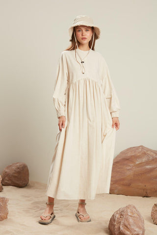 Linen Blend Balloon Sleeve Dress Natural