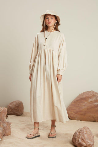 Linen Blend Balloon Sleeve Dress Natural