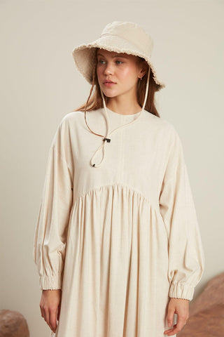 Linen Blend Balloon Sleeve Dress Natural