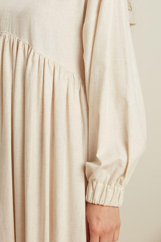 Linen Blend Balloon Sleeve Dress Natural