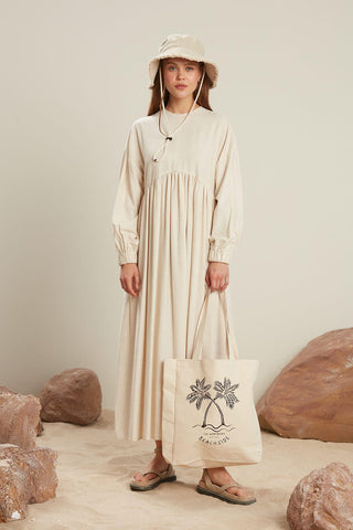 Linen Blend Balloon Sleeve Dress Natural