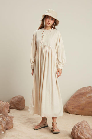 Linen Blend Balloon Sleeve Dress Natural