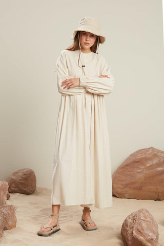 Linen Blend Balloon Sleeve Dress Natural