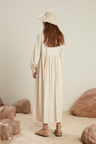 Linen Blend Balloon Sleeve Dress Natural