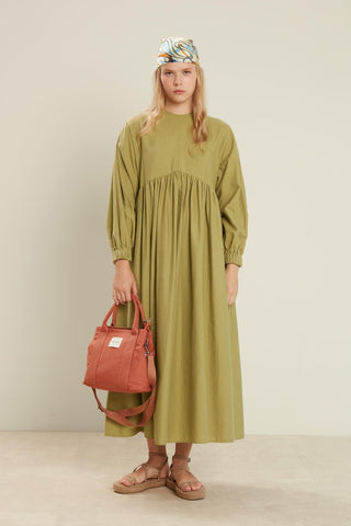 Linen Blend Balloon Sleeve Dress Green