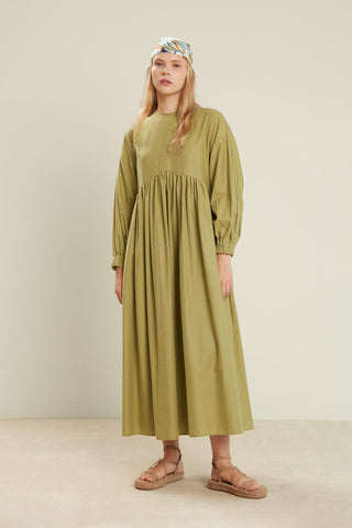 Linen Blend Balloon Sleeve Dress Green