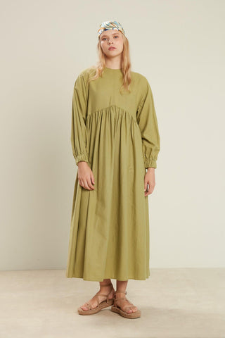 Linen Blend Balloon Sleeve Dress Green