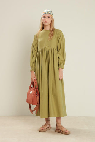 Linen Blend Balloon Sleeve Dress Green