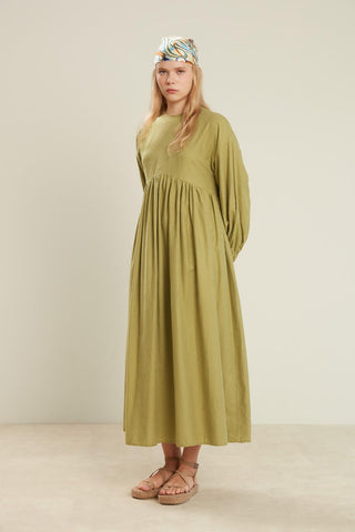 Linen Blend Balloon Sleeve Dress Green