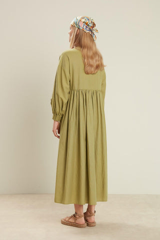 Linen Blend Balloon Sleeve Dress Green