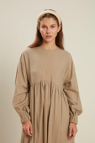Linen Blend Balloon Sleeve Dress Sand