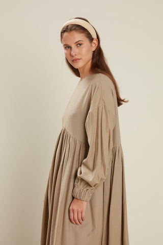 Linen Blend Balloon Sleeve Dress Sand