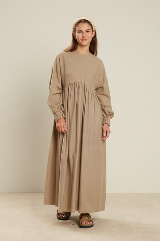 Linen Blend Balloon Sleeve Dress Sand