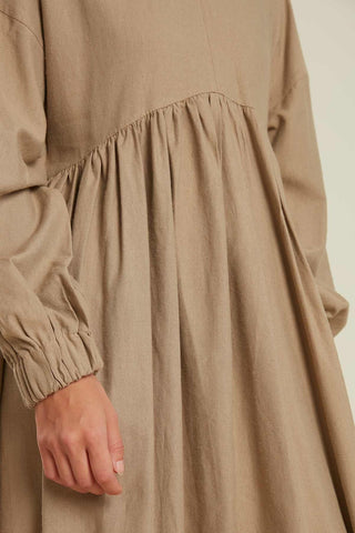 Linen Blend Balloon Sleeve Dress Sand