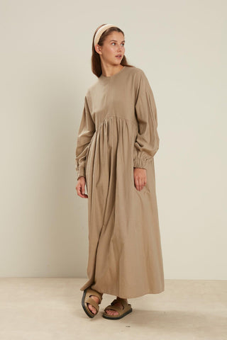 Linen Blend Balloon Sleeve Dress Sand