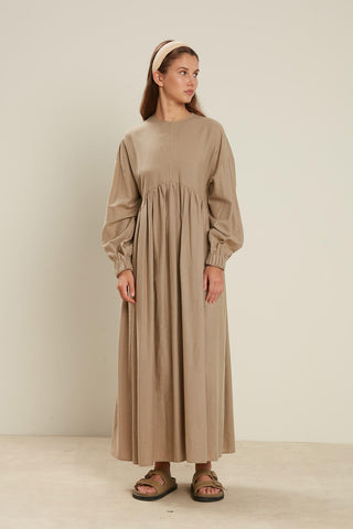 Linen Blend Balloon Sleeve Dress Sand