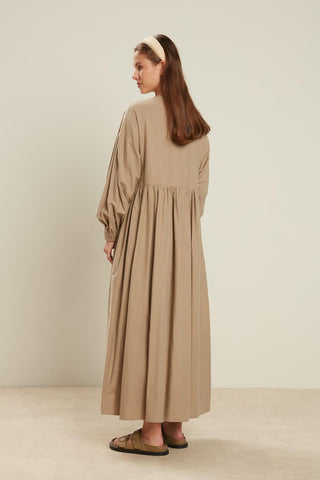 Linen Blend Balloon Sleeve Dress Sand