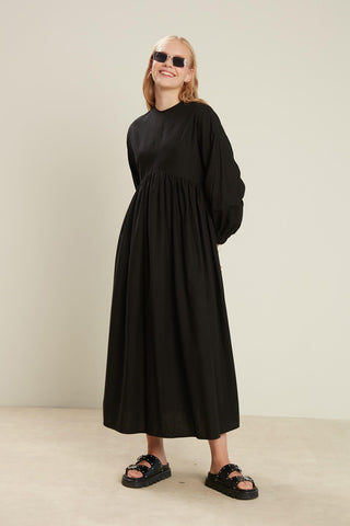 Linen Blend Balloon Sleeve Dress Black