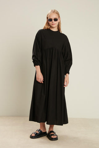 Linen Blend Balloon Sleeve Dress Black