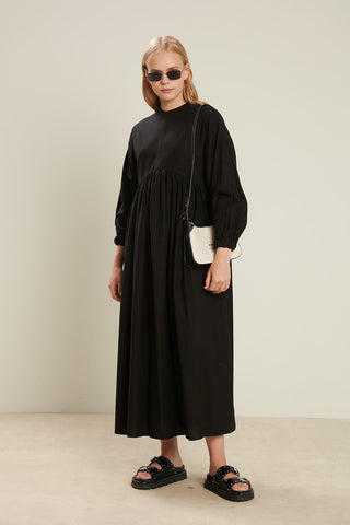 Linen Blend Balloon Sleeve Dress Black