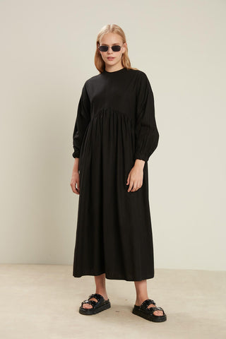 Linen Blend Balloon Sleeve Dress Black