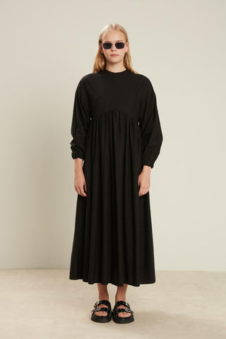 Linen Blend Balloon Sleeve Dress Black