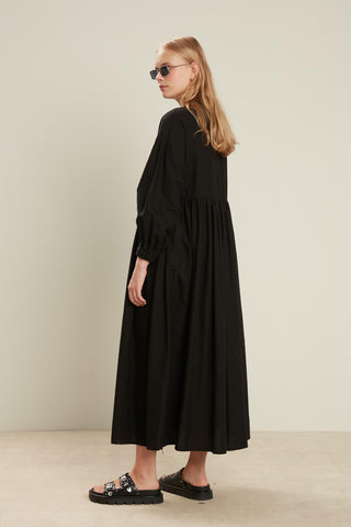 Linen Blend Balloon Sleeve Dress Black