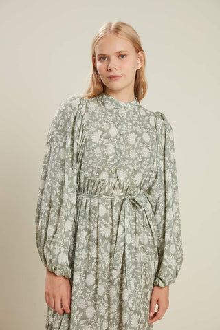 Viscose Balloon Sleeve Dress Ethnic Sage