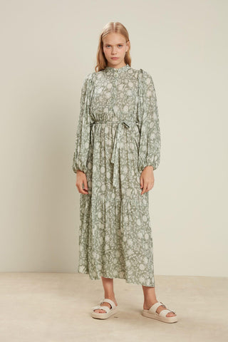 Viscose Balloon Sleeve Dress Ethnic Sage