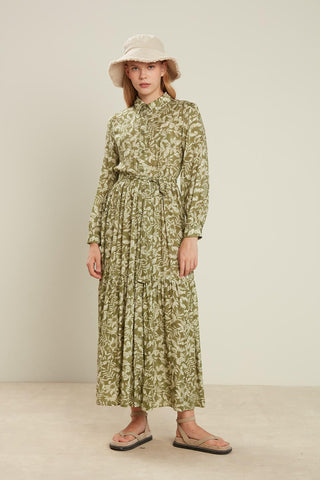 Viscose Button Shirt Dress Flower Green