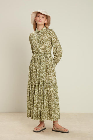 Viscose Button Shirt Dress Flower Green