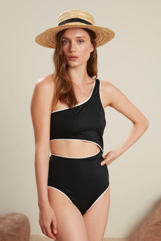 Piping Detailed Swimsuit Black