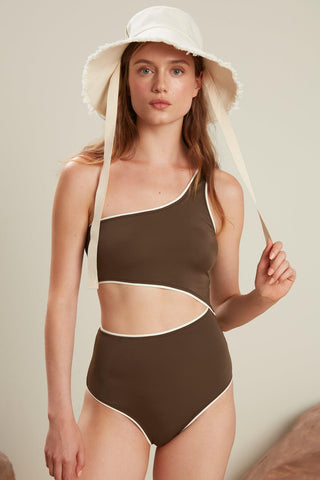 Piping Detailed Swimsuit Brown