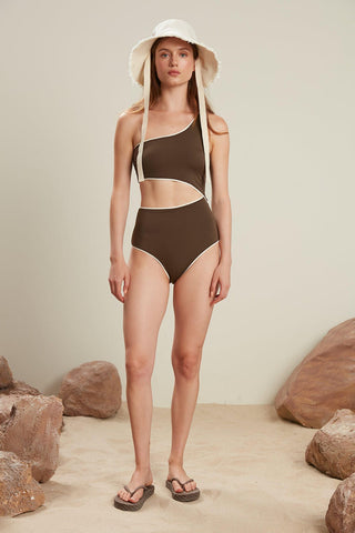 Piping Detailed Swimsuit Brown