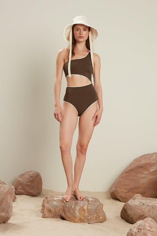 Piping Detailed Swimsuit Brown