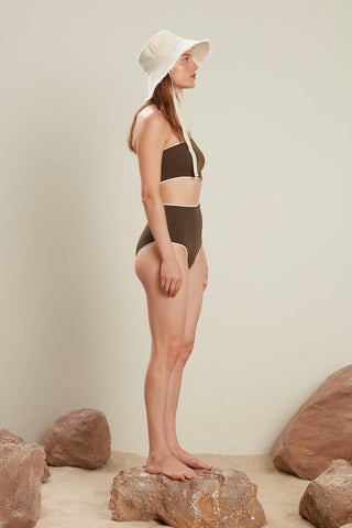 Piping Detailed Swimsuit Brown