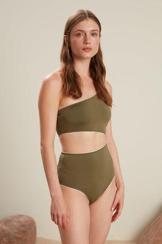 Piping Detailed Swimsuit Khaki