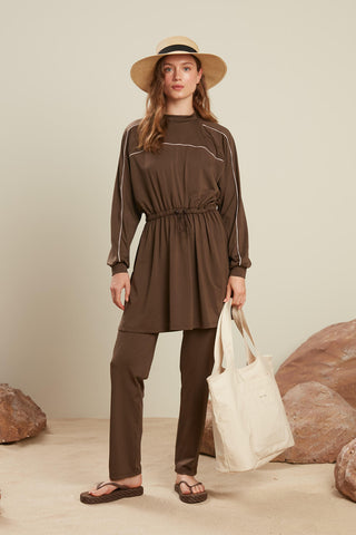 Piped Detail 3 Piece Swimsuit Set Brown