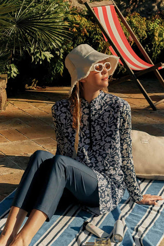 Patterned 3 Piece Swimwear Set Flower Navy Blue