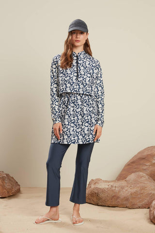 Patterned 3 Piece Swimwear Set Flower Navy Blue