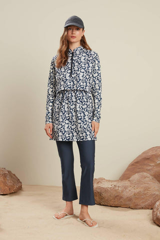 Patterned 3 Piece Swimwear Set Flower Navy Blue